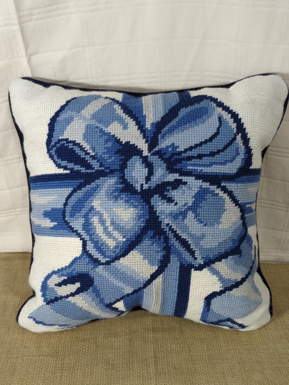 Two's Company Needlepoint Bow Pillow Blue
